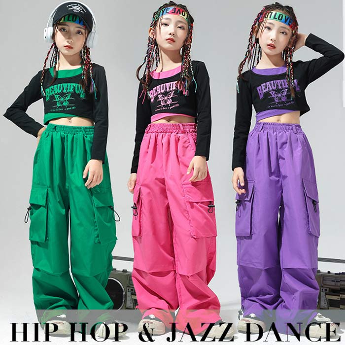 乐天商城 - キッズ 子供用 ダンス衣装 ヒップホップ セットアップ 長袖ショート丈トップス へそだし ロングパンツ 女の子 ジャズ ダンス 衣装 ジュニア ダンス パンツ 派手 目立つ ダンス 服 HIPHOP 韓国 ダンス 衣装 ジュニア 110 120 130 140 150 160 170 180 舞台 ステージ 発表会