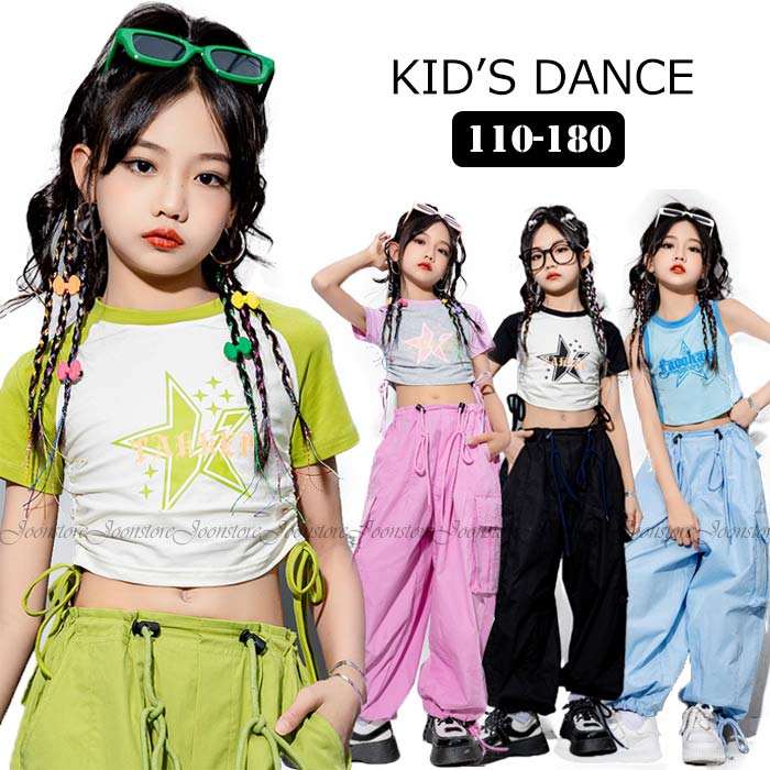 乐天商城 - キッズ ダンス衣装 セットアップ 女の子 k-pop ヒップホップ ダンス 2点セット 半袖 へそ出しトップス 長ズボン 2点セット キッズ ジュニア ジャズ ダンス衣装 女の子 ガールズ チアガール KPOP 団体服 演出服 ダンス 発表会 舞台服 JAZZ DANCE 110-180