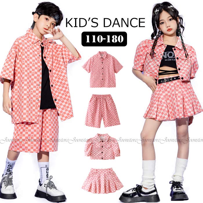 キッズ ダンス衣装 セットアップ k-pop 衣装 ヒップホップ ダンス 衣装 チアガール キッズ へそ出し トップス チェック スカート ハーフパンツ tシャツ ピンク チアダンス チア ダンス衣装 韓国 男の子 女の子 HIPHOP 子供 演出服 高校生 ジャズダンス 発表会 練習着 応援団