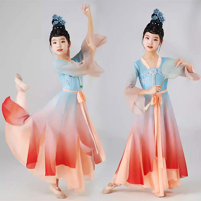 乐天商城 - 子供 中華ダンス衣装 グラデーション ワンピース 漢服ドレス チャイナ風 ロング丈ワンピース 女の子 古典ダンス衣装 グラデーション 中華古典舞踊 ダンスウエア 可愛い 飄逸 クラシカル 中華民族ダンス 古典舞踊 ダンス衣装 合唱 演奏 衣装 白 青 紫 120 130 140 150 160 170