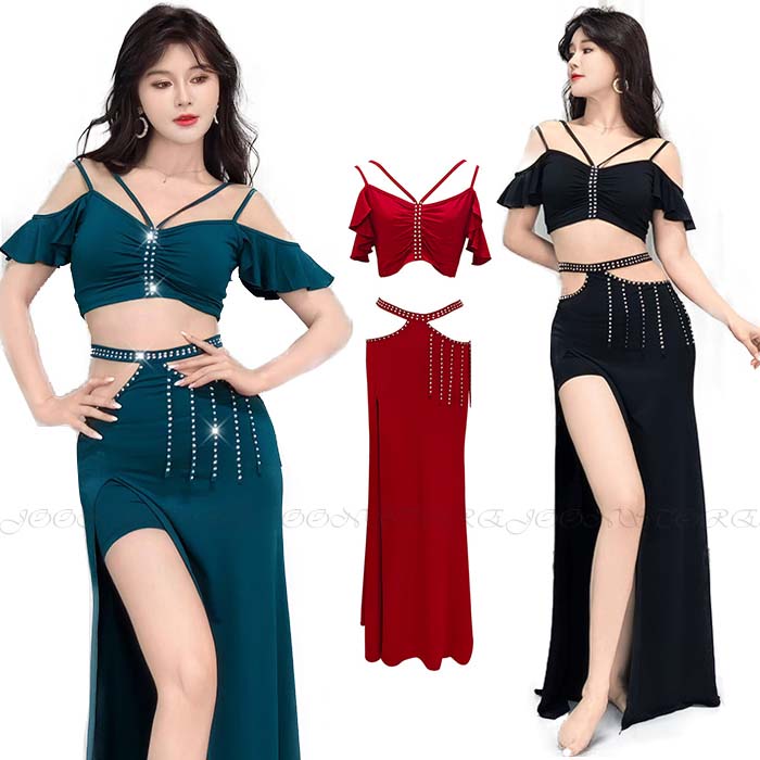 ベリーダンス 衣装 セット レッスン着 セットアップ 発表会 衣装 スパンコール キラキラ ベリーダンス衣装 フレア袖 トップス ストレッチ生地 スリット ロン...