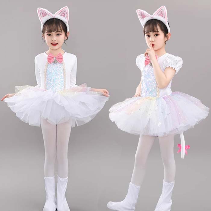 キッズ ダンス衣装 子供 ハロウィン 猫 コスプレ しっぽ 4点セット 動物 仮装 衣装 猫ちゃん コスチューム ハロウィン 衣装 女の子 かわいい ワンピース ダンス 衣装 スパンコール チュチュスカート 猫の耳 カチューシャ付き 女の子 ダンス衣装 舞台 演出服