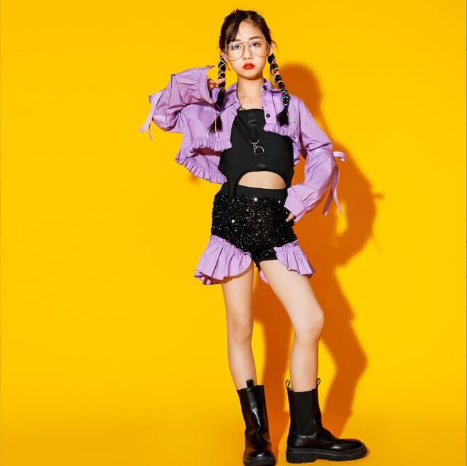 樂天商城 - キッズダンス衣裳 スパンコール 演出服　チアガール 女の子 ジャズ ヒップホップ ダンス衣装 個性 jazz ダンスウェア ガールズ チア キラキラ ステージ衣装 3点セット モデルショー公演服　舞台ダンス衣装ステージ演出　応援団　団体服　ピンク パープル　120～170cm