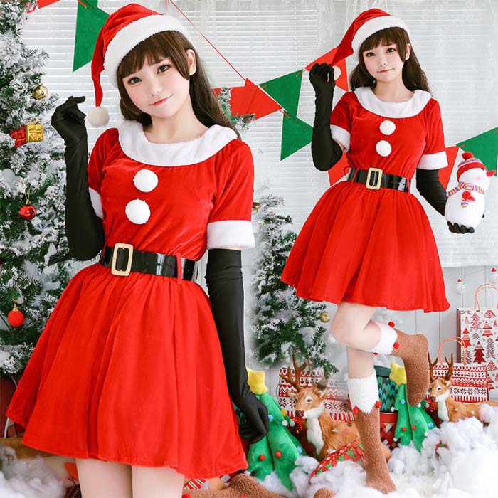 乐天商城 - サンタ コスプレ レディース 可愛い クリスマス コスチューム サンタクロース 衣装 仮装 サンタ帽 帽子 ワンピース 半袖 ベルト 可愛い Aライン 4点 セット クリスマス コスプレ サンタ コスチューム 衣装 クリスマス コスプレ パーティー