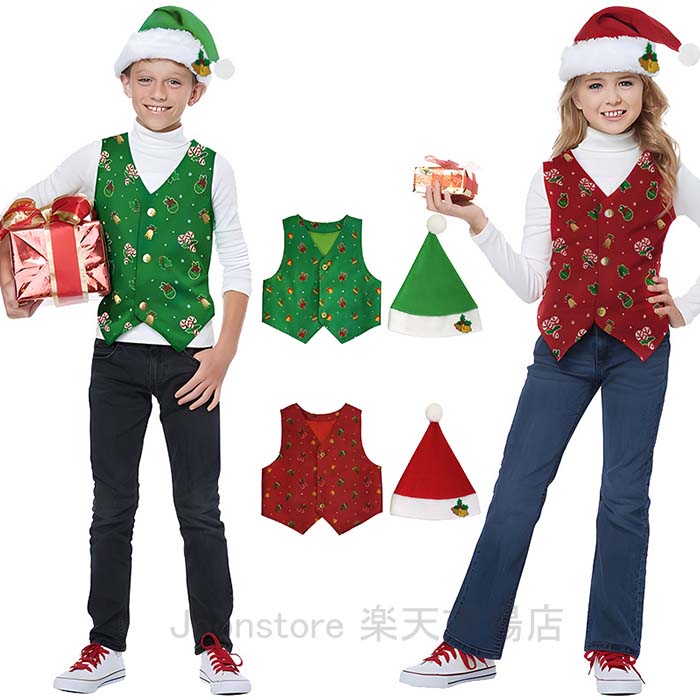 兒童看護用前開式襯衫 - クリスマス衣装 子供 ベスト クリスマス コスプレ 衣装 サンタクロース サンタ コスチューム クリスマスコスチューム サンタベスト 帽子付き サンタ服 コスプレ クリスマス 女の子 男の子 女の子 サンタコス サンタ 子供服 仮装 衣装