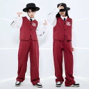 キッズ ダンス衣装 セットアップ 女の子 男の子 長袖シャツ ベスト ロングパンツ ストライプ柄スーツ 上下セット ジャズダンス ヒップホップ HIPHOP ロック ダンス衣装 Popping locking 舞台 ステージ衣装 スラックス 派手 カッコイイ 演出服 団体服 応援団 発表会 レッド