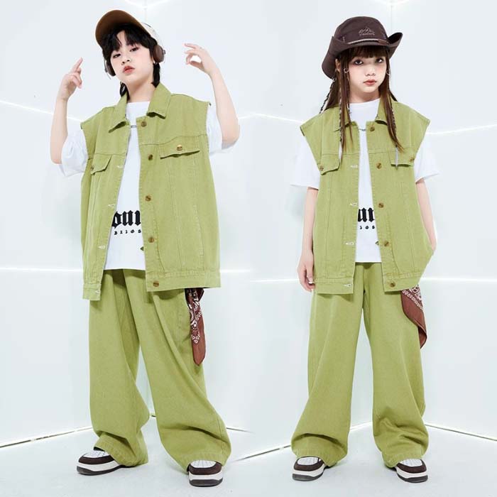 乐天商城 - キッズ 子供用 ダンス衣装 ヒップホップ セットアップ 女の子 男の子 半袖tシャツ デニムベスト ロングパンツ 上下セット ジャズ ダンス 衣装 ヒップホップ HIPHOP ロック ダンス衣装 Popping locking 舞台 ステージ衣装 派手 カッコイイ ダンス 服 演出服 団体服 発表会