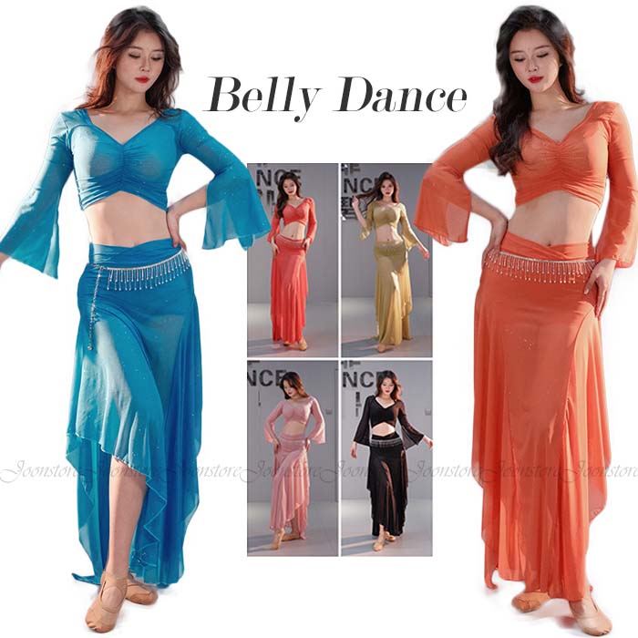 ベリーダンス 衣装 上下セット ラメ入り ベリーダンス レッスン着 フレア袖 トップス スリット入り ロングスカート ベリーダンス 衣装セット 社交ダンス ベリ...