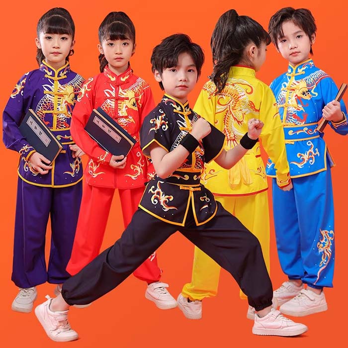 Joon store 楽天市場店の子供武術演出服 太極拳服 上下セット 演武用 カンフー衣装 半袖 長袖 2タイプ 男女兼用 太極拳服 中華武術服 表演服 カンフー服 演武服 武術 カンフー 舞台 ステージ 衣装 おしゃれ 龍 プリント カンフーウェア 練功服 太極拳表演服 コスプレ衣装 110-180cm 子供～大人用｜アングル2