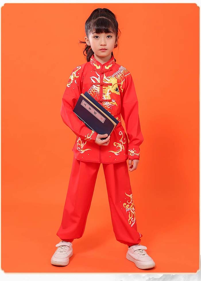 Joon store 楽天市場店の子供武術演出服 太極拳服 上下セット 演武用 カンフー衣装 半袖 長袖 2タイプ 男女兼用 太極拳服 中華武術服 表演服 カンフー服 演武服 武術 カンフー 舞台 ステージ 衣装 おしゃれ 龍 プリント カンフーウェア 練功服 太極拳表演服 コスプレ衣装 110-180cm 子供～大人用｜アングル3