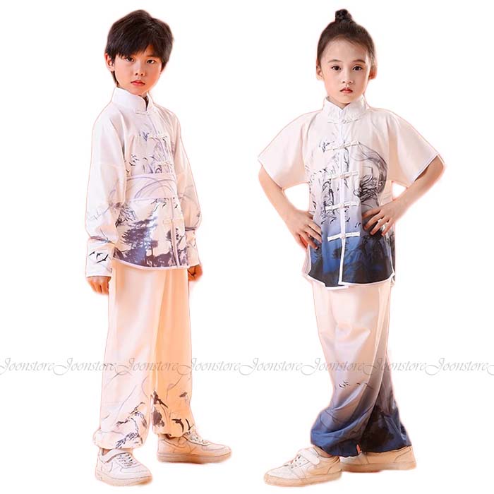 子供武術演出服 太極拳服 上下セット 演武用 カンフー衣装 半袖 長袖 2タイプ 男女兼用 太極拳服 中華武術服 表演服 カンフー服 演武服 武術 カンフー 舞台 ステージ 衣装 おしゃれ 龍 プリント カンフーウェア 練功服 太極拳表演服 コスプレ衣装 110-180cm 子供~大人用