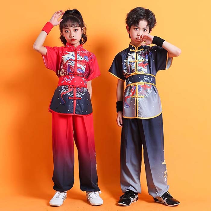 子供カンフー衣装 演武用 子供用太極拳服 太極拳ウェア 上下セット 半袖 武術衣装 ...