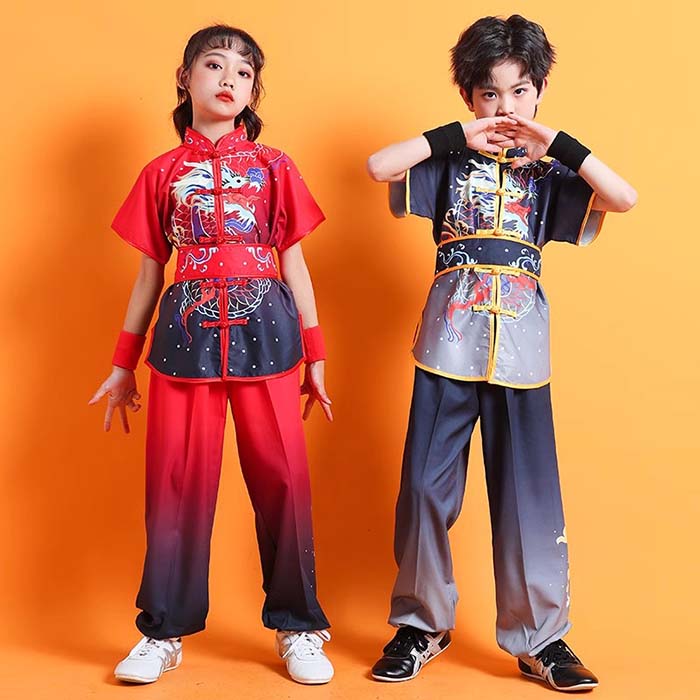 子供カンフー衣装 演武用 子供用太極拳服 太極拳ウェア 上下セット 半袖 武術衣装 ...