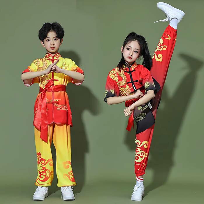 子供カンフー衣装 演武用 子供用太極拳服 太極拳ウェア 上下セット 半袖 武術衣装 ...