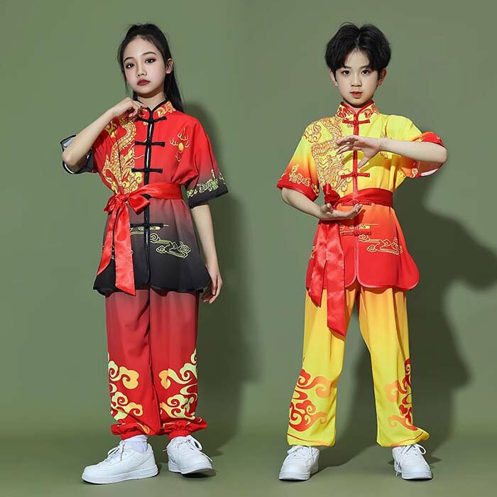 子供カンフー衣装 演武用 子供用太極拳服 太極拳ウェア 上下セット 半袖 武術衣装 ...
