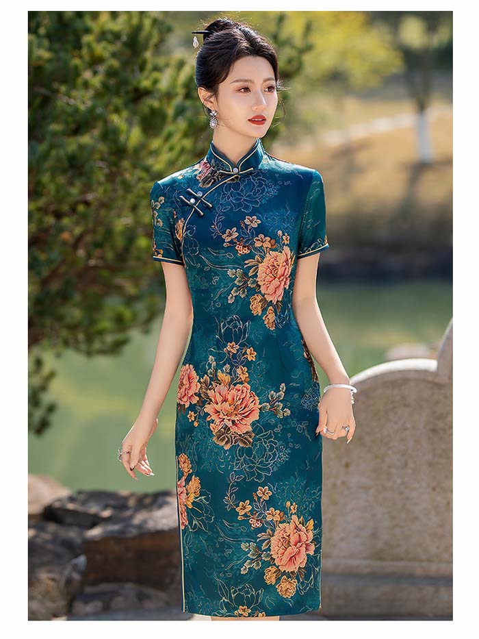 チャイナドレス ミモレ丈 半袖 大人用 チャイナ服 パーティードレス 花柄 美シルエット 優雅なチャイナドレス 中華服 中華ドレス 古典美人 パーティー 二次会 ドレス 演奏会 演出撮影 衣装 大きいサイズ 30代 40代 50代