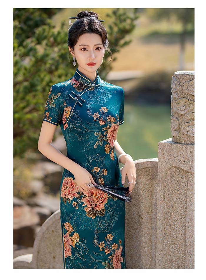 チャイナドレス ミモレ丈 半袖 大人用 チャイナ服 パーティードレス 花柄 美シルエット 優雅なチャイナドレス 中華服 中華ドレス 古典美人 パーティー 二次会 ドレス 演奏会 演出撮影 衣装 大きいサイズ 30代 40代 50代