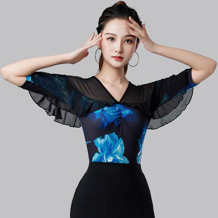 社交ダンス トップス フレア袖 5分袖 シースルー 社交ダンス衣装 レッスン着 モダンラテンダンス用上着 レディース 女性用 ダンス 社交 練習着 ワルツ チャチャチャ ラテン モダン フラメンコ衣装 ステージ 衣装 演出着 ダンストップス M-4XL