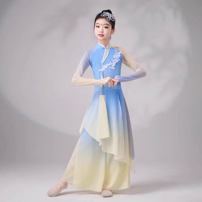 乐天商城 - グラデーション 古典ダンス衣装 女の子 子供 上下セットアップ キッズ 古典舞踊 古典ダンス 扇子 民族ダンス衣装 演目衣裳 長袖ブラウス ワイドパンツ 飄逸 中華ダンス 衣装 発表会 演出服 舞台ステージ衣装 学園祭 文化祭 団体演出服 120 130 140 150 160 170cm
