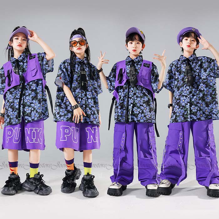 樂天商城 - キッズ ダンス衣装 セットアップ 男の子 女の子 ヒップホップ 半袖 花柄シャツ ベスト カーゴパンツ 上下セット ヒップホップ ジャズダンス ダンス衣装 キッズ かっこいい hiphop 発表会 演出服 団体服 応援団 原宿系 ストリート系 男の子 女の子 練習着 おしゃれ 110-170