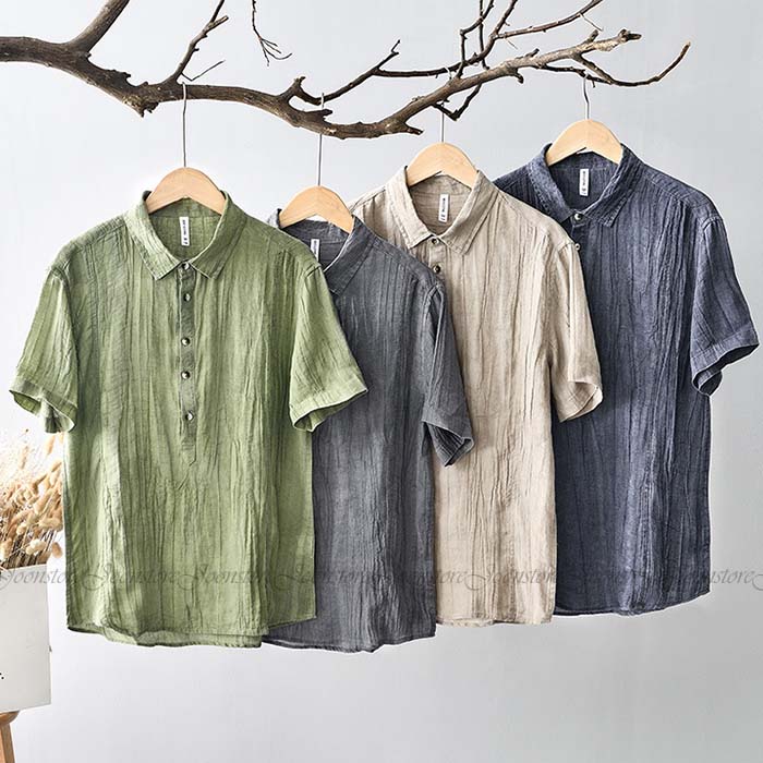 乐天商城 - シャツ メンズ 麻シャツ リネンシャツ 麻 リネン 夏 半袖 tシャツ チャイナ風 カジュアルシャツ 無地 半袖 トップス 夏服 涼しい 通気性 キレイめ 贈り物 紳士 男性用 プレゼント 4色 M L XXL 2XL XXXL 3XL