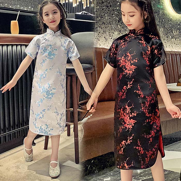 子供 チャイナドレス コスプレ 衣装 チャイナ風 ワンピース チャイナ服 ショート丈 半袖 梅柄 新年 パ..