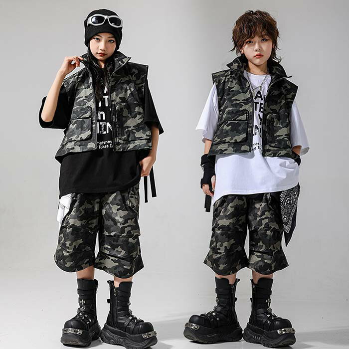 乐天商城 - 迷彩柄 キッズダンス衣装 セットアップ ダンス ベスト カーゴパンツ セット ヒップホップ ジャズダンス ダンス衣装 キッズ かっこいい チアガール 韓国 k-pop 発表会 演出服 団体服 応援団 原宿系 ストリート系 派手 男の子 女の子 練習着 おしゃれ 110-180
