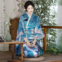 花魁 コスプレ 着物ドレス ロング丈 仮装 和装 ハロウィン コスプレ 衣装 和風 女性用 レディース 余興 パーティー イベント コスチューム 和服 和風 かわいい ロング着物ドレス 着物コスプレ衣装 花魁 おいらん 浴衣 サテン生地 着物風ドレス ブルー