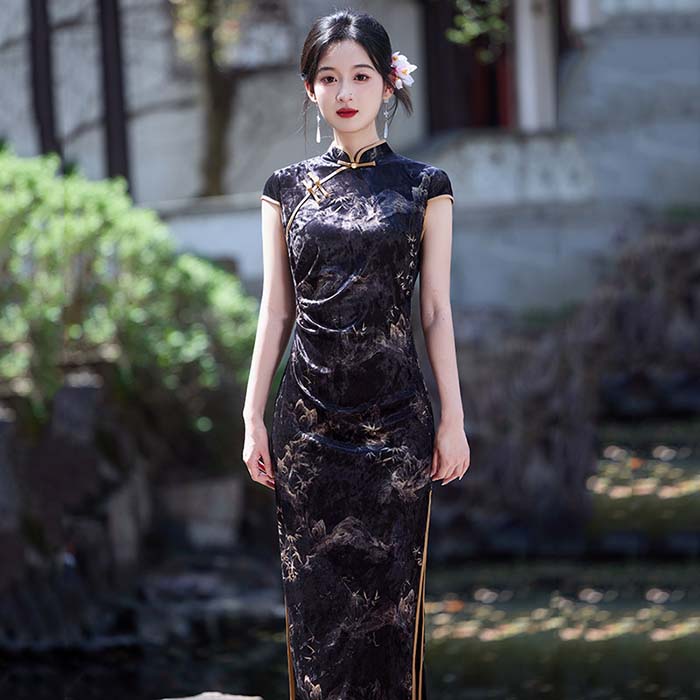 チャイナドレス ロング丈 キャップスリーブ パーティードレス 中国風 ワンピース セクシー チャイナ ドレス ベロア生地 レディース 大人 結婚式 二次会 2次会 パーティー お呼ばれドレス 演奏会 発表会 披露宴 同窓会 China Dress ブラック