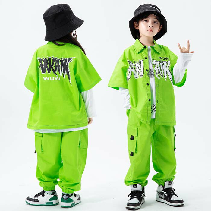 乐天商城 - キッズ 子供用 ダンス衣装 ヒップホップ セットアップ 半袖シャツ 長袖Tシャツ パンツ 男の子 女の子 ジャズ ダンス 衣装 キッズ ジュニア ダンス 服 HIPHOP 発表会 演出服 団体服 応援団 原宿系 ストリート系 派手 おしゃれ 舞台 ステージ衣装 110-180 グリーン ブラック