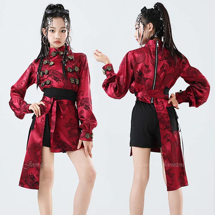 樂天商城 - 中華風 ダンス 衣装 キッズダンス衣装 セットアップ ヒップホップ ジャズ ダンス 衣装 長袖 龍柄 赤 おしゃれ 改良 チャイナ服 中華服 女の子 ガールズ 演出服 舞台服 撮影 jazz ジャズダンス ステージ 普段着 中国風 応援団 発表会