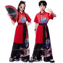 中華風 子供ダンス衣装 キッズ チャイナ風ダンス 衣裳 半袖 tシャツ 龍柄 ワイドパンツ 2点セット 男の子 女の子 中国風 舞台 ステージ衣装 武術 JAZZ ダンスウェア カンフー 表演服 腰紐有 おしゃれ 中華ダンス衣装 華流舞台衣装 民族ダンス衣装 黒 赤 110-170cm