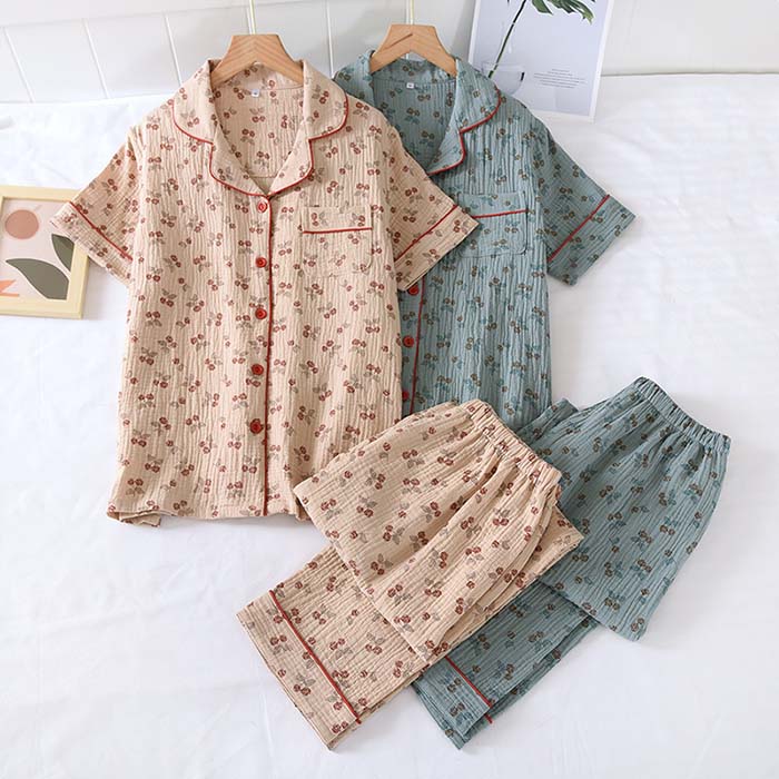 パジャマ レディース ダブルガーゼパジャマ 長袖 ルームウェア 上下セット 花柄 前開き 薄手 春 夏 涼しい 女性 コットン 2重 ガーゼ 部屋着 大人 かわいい おしゃれ 母の日 敬老の日 ギフト M/L/XL/XXLサイズ ギフト グリーン ベージュ 2