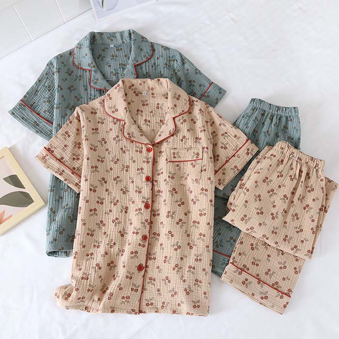パジャマ レディース ダブルガーゼパジャマ 長袖 ルームウェア 上下セット 花柄 前開き 薄手 春 夏 涼しい 女性 コットン 2重 ガーゼ 部屋着 大人 かわいい おしゃれ 母の日 敬老の日 ギフト M/L/XL/XXLサイズ ギフト グリーン ベージュ 3