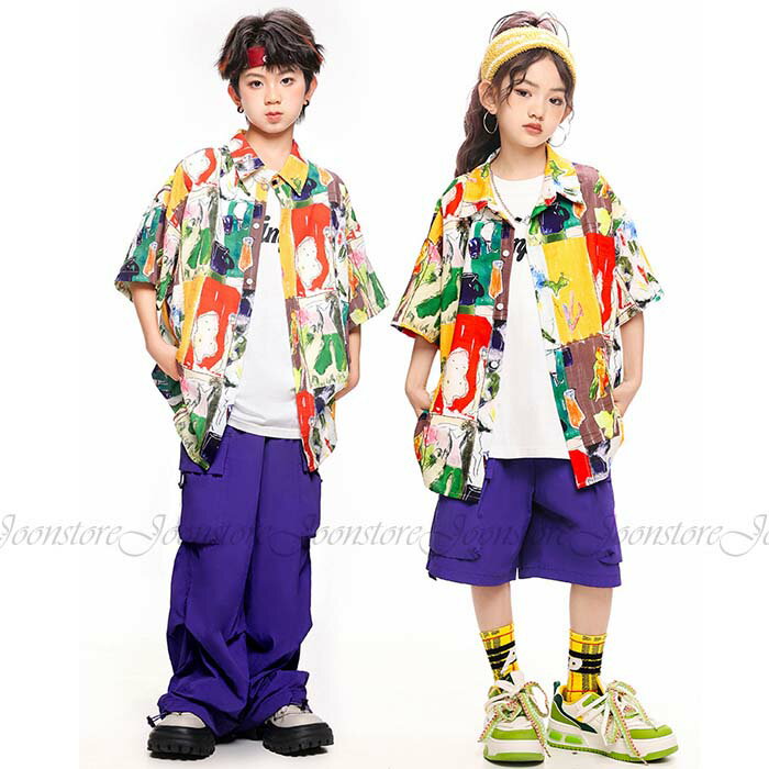 乐天商城 - キッズ ダンス衣装 ヒップホップ 柄シャツ 短パン ロングパンツ 女の子男の子 セットアップ ダンス 衣装 ステージ衣装 おしゃれ ダンス衣装 キッズ ダンスウェア 団体服 応援団 演出服 ストリート 派手 JAZZ hiphop DANCE 110 120 130 140 150 160 170 180
