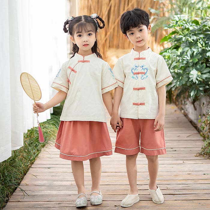 乐天商城 - 子供 中華服 セットアップ 女の子 男の子 上下セット 半袖 龍鳳柄 刺繍トップス スカート パンツ ジュニア 子供 可愛い お洒落 チャイナ服 兄弟お揃い 姉妹お揃い 演出服 唐服漢服 古典 写真撮影 イベント 文化祭 ダンス 衣装 90cm～160cm