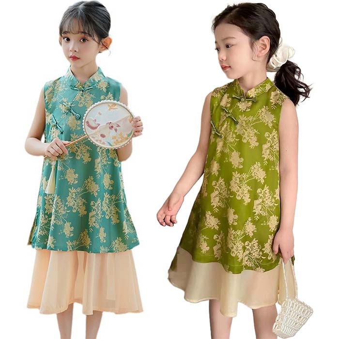 子供 ワンピース チャイナドレス 重ね着風 ノースリーブ 夏 チャイナ風 女の子 キッズドレス 子供服 ワンピース パーティードレス 旅行 通園 花見 夏祭り 盆踊り 花火大会 夏用 中国風 通学 可愛い 誕生日会 写真撮影 ドレス 中華服 コスプレ 舞台 ステージ衣装