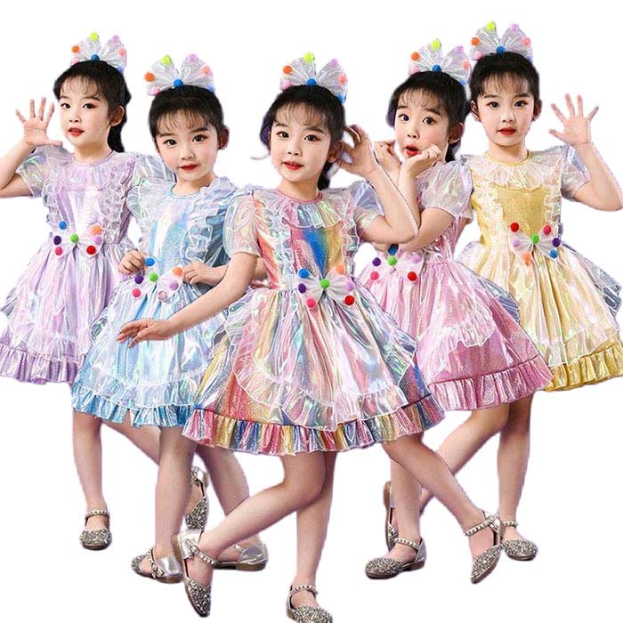 乐天商城 - ダンス 衣装 子供 ワンピース 半袖 可愛い リボン付き キラキラ ワンピース キッズ ダンス衣装 ドレス 女の子 ダンス衣装 学園祭 ダンス 発表会 舞台衣装 ステージ衣装 イベント 団体ダンス 100 110 120 130 140 150 160 虹色 イエロー ピンク ブルー パープル