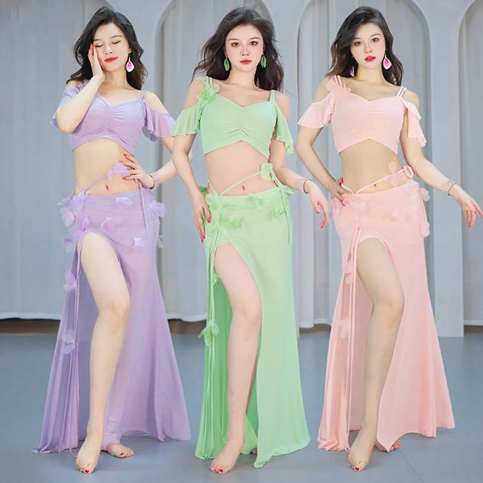 ベリーダンス 衣装 セット ベリーダンス レッスン着 練習着 セットアップ 肩出し トップス スリット入り ロングスカート 上下セット おしゃれ ベリーダンス 衣装 ダンス レッスン着 舞台 ステージ衣装 ダンス 発表会 レッスンウェア パープル ピンク グリーン