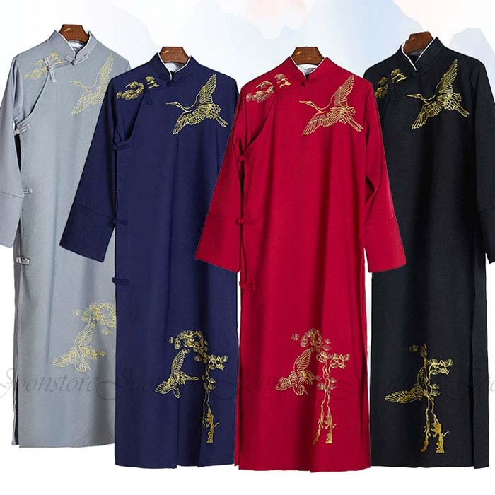 乐天商城 - チャイナ服 メンズ チャンパオ 長袍 中華服 男性用 ロング丈 チャイナシャツ 中国伝統衣装 漫才ウェア 鶴柄 唐装 漢服 コスプレ コスチューム ハロウィン 衣装 漫才服 男性用 舞台衣装 ステージ衣装 4色