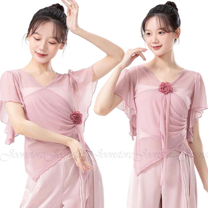 レディース 古典舞踊ダンス衣装 バレエ ヨガ ウェア トップス フレア袖 Vネック メッシュ 紗ブラウス お花付き 無地 柔らかい 中華民族ダンス 衣装 バレエ モダンダンス 社交ダンス 練習着 レッスンウェア 透け感 ダンス発表会 ピンク パープル グリーン ホワイト