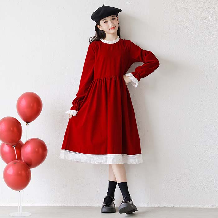 乐天商城 - 子供服 ワンピース キッズ プリンセスドレス 女の子 ワンピース 可愛い レース 長袖 フレアワンピース 膝下 ワンピ 秋冬 キッズ ジュニア 子ども 子ども服 130cm 140cm 150cm 160cm 170cm 入園式 入学式 シンプル 大人っぽい クリスマスプレゼント