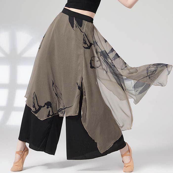 乐天商城 - ダンスパンツ レディース シフォン ワイドパンツ ガウチョパンツ スカート付き 水墨風 スカーチョパンツ 飄逸 社交ダンス 古典ダンス衣装 中華古典舞踊 ダンス 練習着 レッスン着 ワイドパンツ シフォン ふんわり 動きやすい 踊りやすい エレガント