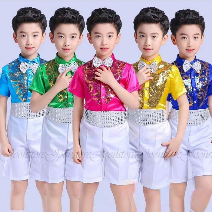 乐天商城 - キッズ ダンス衣装 スパンコール 半袖シャツ 短パン 上下 セット キッズダンス セットアップ 子供 ダンス衣装 キラキラ 舞台用 子供服 発表会 ジュニア 男の子 ダンス ステージ衣装