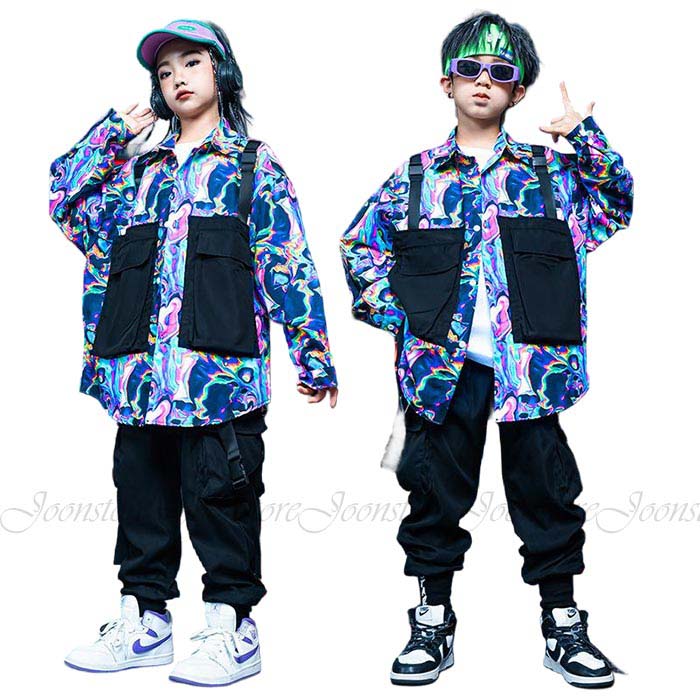乐天商城 - キッズ ダンス衣装 ヒップホップ 柄シャツ ロングパンツ 男の子 女の子 ジャズ ヒップホップ ダンス 衣装 ステージ衣装 おしゃれ ダンス衣装 キッズ ダンスウェア 団体服 応援団 演出服 ストリート 派手 JAZZ hiphop DANCE 110 120 130 140 150 160 170 180
