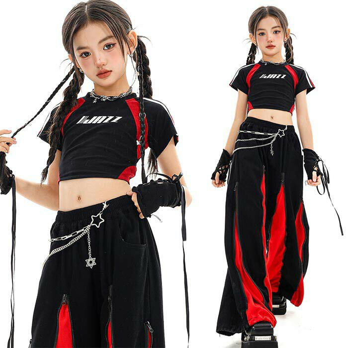 乐天商城 - キッズダンス ダンス衣装 セットアップ ジャスダンス 衣装 女の子 へそ出し トップス 半袖 ロングパンツ ジャスダンス ガールズ チアガール 演出服 ダンスウェア ジュニア ダンス 衣装 キッズ 練習着 団体服 応援団 発表会 jazz 110-180cm