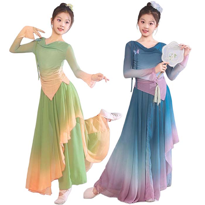 古典ダンス衣装 女の子 子供 上下3点セットアップ キッズ 古典舞踊 中華民族ダンスウェア 演目衣裳 長袖 紗ブラウス フレア袖 スカート風ワイドパンツ 飄逸 中華ダンス 衣装 発表会 演出服 舞台ステージ衣装 学園祭 文化祭 団体演出服 120 130 140 150 160 170cm