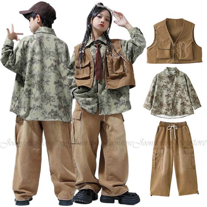 乐天商城 - キッズ ダンス衣装 セットアップ 男の子 女の子 ヒップホップ 花柄 長袖シャツ ベスト デニムパンツ ヒップホップ ジャズダンス 舞台衣装 キッズ かっこいい hiphop 発表会 演出服 団体服 応援団 ストリート系 男の子 女の子 練習着 おしゃれ 110-180
