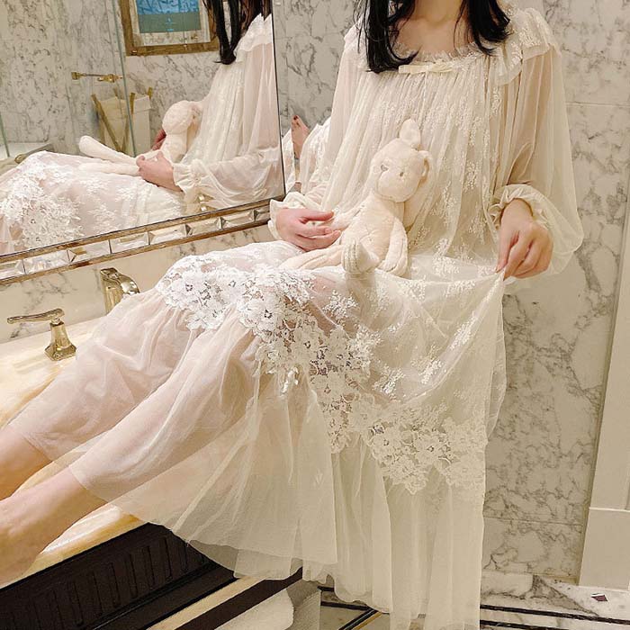 樂天商城 - ネグリジェドレス ロング ワンピース ナイティー ルームウェア パジャマ ゆったり 可愛い レース お姫系 ルームウエア ワンピース 宮廷風 ナイトドレス 部屋着 寝巻き ナイトウェア ネグリジェドレス エレガント 優雅 リラックス 体型カバー 春夏秋 20代 30代 40代 50代