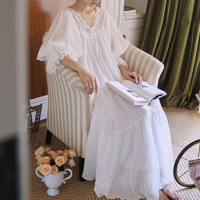 乐天商城 - ネグリジェドレス ロング ワンピース ナイティー ルームウェア パジャマ ゆったり 可愛い レース お姫系 ルームウエア ワンピース 宮廷風 ナイトドレス 部屋着 寝巻き ナイトウェア ネグリジェドレス エレガント 優雅 リラックス 体型カバー 春夏秋 20代 30代 40代 50代